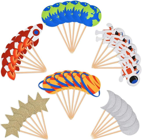 30pcs Outer Space Cupcake Toppers, Planet Party Supplies for Birthday Decorations with Rocket and Astronaut Themes