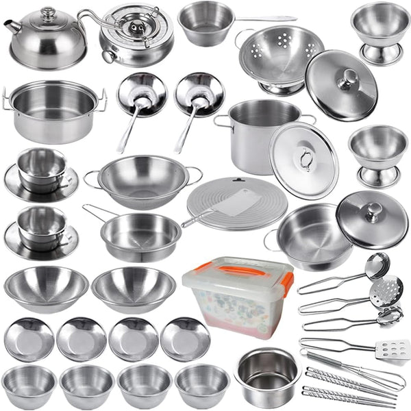 Tiny Size Kitchen Pretend Play Toys - Super Deluxe Stainless Steel Pots & Pans Play Kit with Storage Box for Toddlers