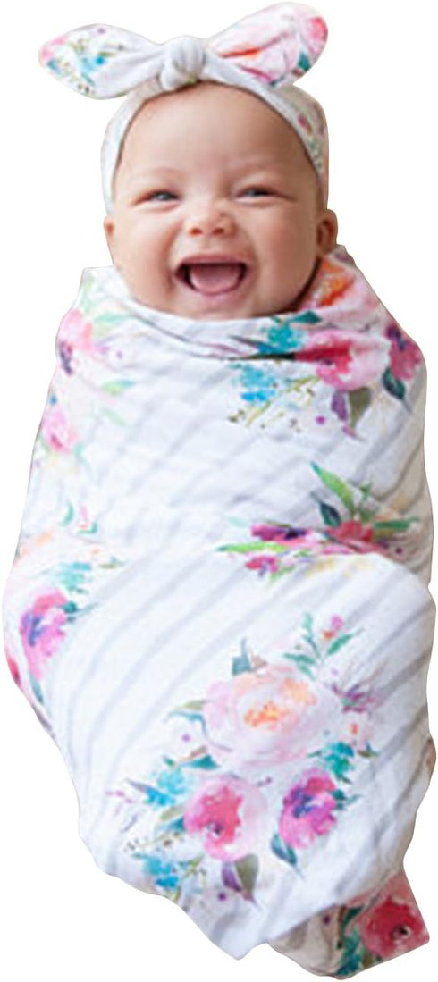 Newborn Girls Receiving Blanket Headband Set, Flower Baby Swaddle Blankets (0-6 Months, Striped)