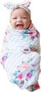 Newborn Girls Receiving Blanket Headband Set, Flower Baby Swaddle Blankets (0-6 Months, Striped)