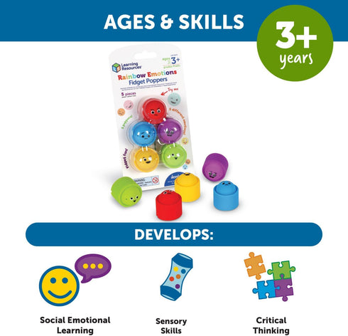 Learning Resources Rainbow Emotion Fidget Poppers, 5 Pieces, Sensory Toys for Toddlers, Ages 3+, SEL Skills, Fine Motor