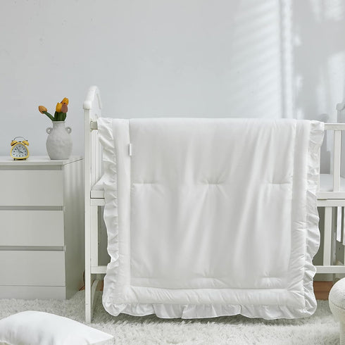 3 Set Pieces Crib Bedding Baby Ruffle Quilted Comforter with Fitted Sheet and Pillowcase - Cute Ruffled Shabby Chic