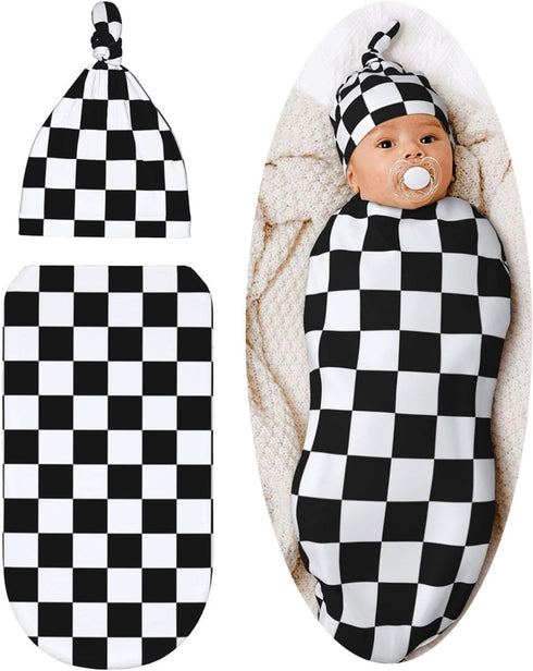Tebjh Black and White Checkered Baby Stuff Swaddle Blanket Soft and Stretchy Newborn