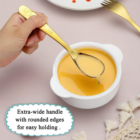 Berglander Gold Toddler Utensils Set, 4 Pieces Golden Titanium Plating Kids Silverware, Safe Forks and Spoons