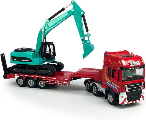 Flatbed Truck Toy with Crawler Excavator - Metal Diecast Construction Vehicles 2 in 1 Vehicle Playset for Boys
