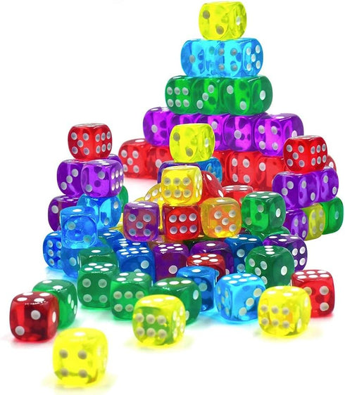 50 Pack 14MM 6 Sided Dice Set - Translucent Colors Dice with Black Pouch for Board Game