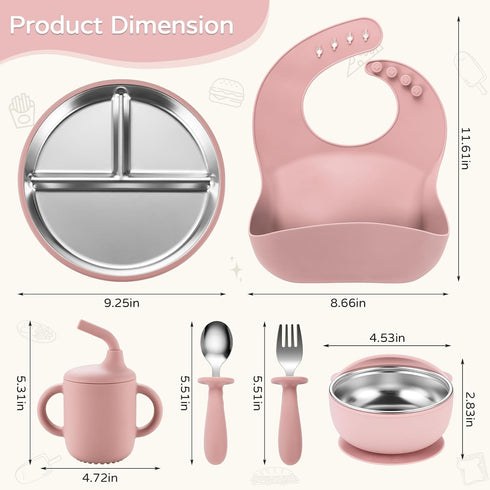 Bathchef Set Set Safe,6pcs,Pink Toddler Plates and Bowls Stainless Steel - Baby Feeding Strong Suction, BPA Free