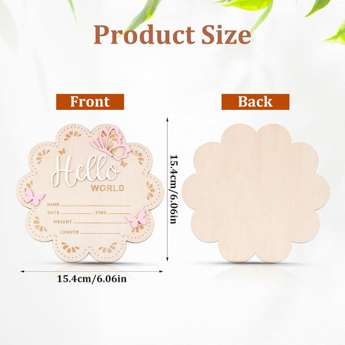Nogeqi 6 Inch Hello World Newborn Sign, Pink Butterfly Baby Name Announcement Sign, Birth Announcement Signs, Wooden