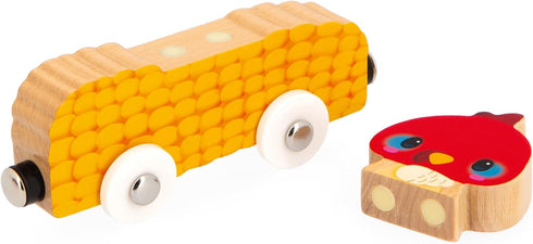 Janod Farm Wooden Animal Car Train Push and Go Playset - For Ages 18 Months to 3 Years (J03316)