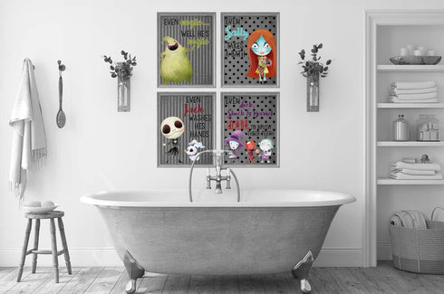 Silly Goose Gifts Character Themed Bathroom Wall Art Print Set - Even A Nightmare Will Brush Teeth, Take A Bath, Wash