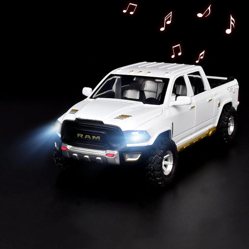 RAM 1500 Pickup Truck Toys, Diecast Metal Model for Boys Age 4-7, Open Door Pull Back Cars with Lights