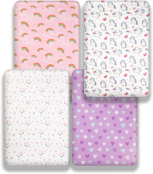 Jola's House 4 Pack Set Soft Baby Girl Crib Sheets for Standard Crib Mattress Unicron Rainbow Heart Cute Neutral