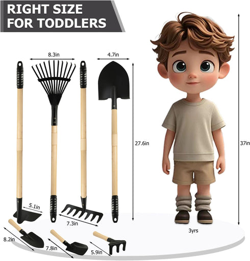 7PCS Kids Gardening Tools, Long Shovel, Rake for Leaves, Spade, Hoe, Steel Heads & Real Wood Handle, Yard Tools