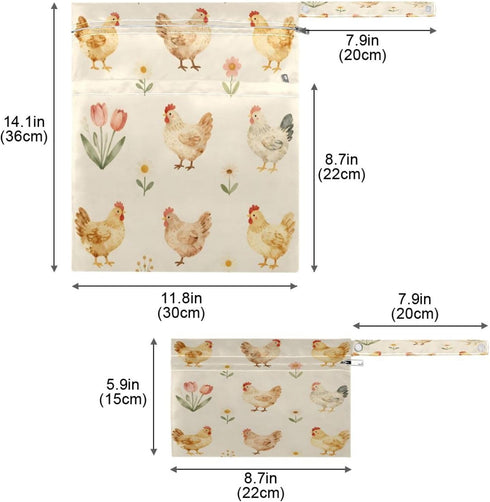 Haskirky 2 Farm Chickens and Floral Pcs Cloth Diaper Wet Dry Bags,Waterproof and Washable Bag for Travel Reusable Wet