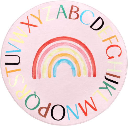 Nursery Rug Round Rainbow Classroom Rug Elementary, Non-Slip Rainbow Rug for Girls Room, Extra Large Learning Carpet