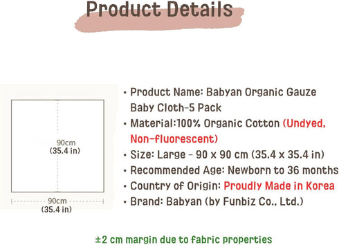 Generic 5 Pack Babyan Organic Baby Cloths Large Gauze Burp Cloths, Muslin-Like Washcloth Towels, Eco-Friendly Korean