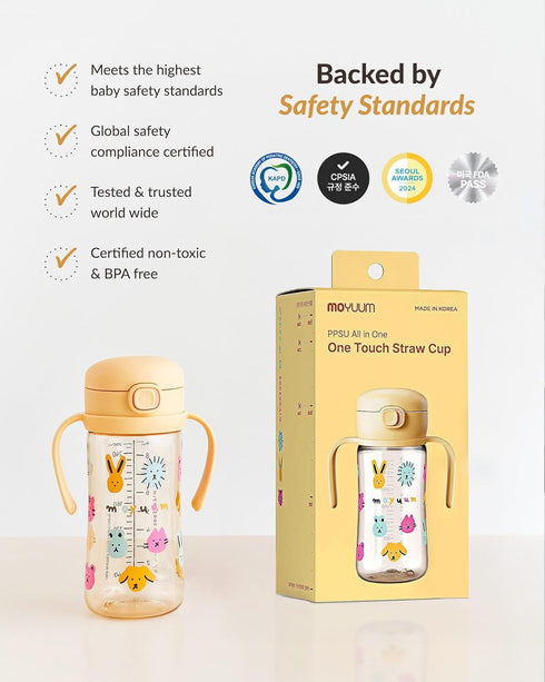 100% 9oz MOYUUM Leak Proof Sippy Cup with Handle | Made in Korea, BPA Free PPSU, Magic No Spill Straw Cup with Attached