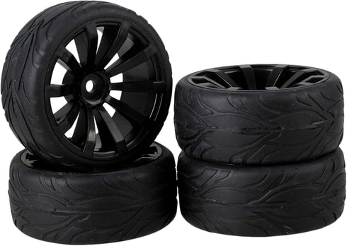 Mxfans 4 Pieces RC1:10 Rubber Tyres with Plastic Rims - Black Kit for On Road Car