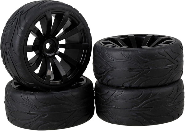 Mxfans 4 Pieces RC1:10 Rubber Tyres with Plastic Rims - Black Kit for On Road Car