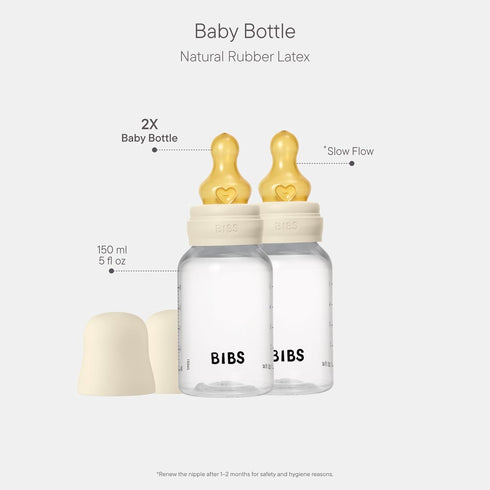 5 oz 150 ml 2 Pack 0+ BIBS Baby Bottle / Natural Rubber Latex Nipple - Anti-Colic, BPA-Free, Round Nipple, Slow Flow
