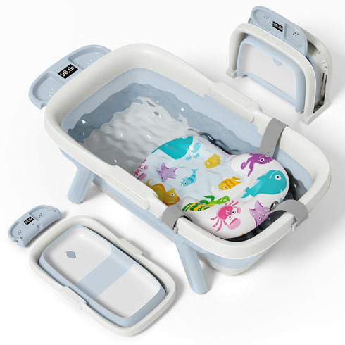 EverKiddo Collapsible Baby Bathtub, Large Infant Bath Tub with Thermometer & Cute Soft