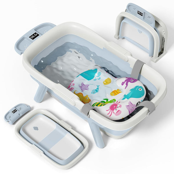 EverKiddo Collapsible Baby Bathtub, Large Infant Bath Tub with Thermometer & Cute Soft