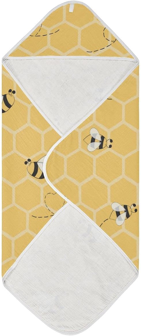 Honey Bees Hooded Bath Towel for Baby Boys Girls, Organic Cotton 30 x 30 Inch Beehive Shower Towel