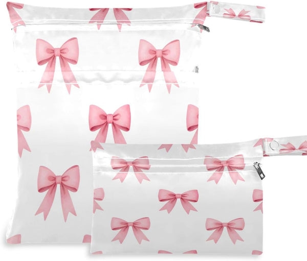 Haskirky Pink Bows Ribbons 2 Pcs Cloth Diaper Wet Dry Bags,Waterproof and Washable