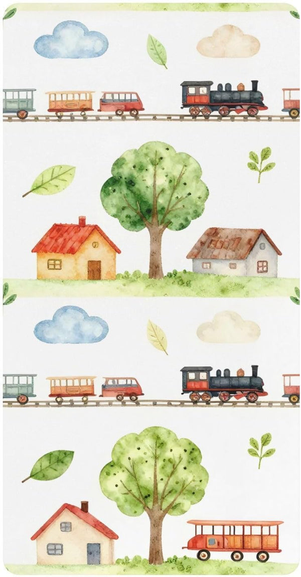 CZXW Watercolor Trains Airplanes Houses Crib Sheets Fitted 52" x 28" Natural Cotton