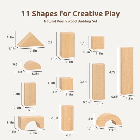 MEEYOO 100pcs 1-3, Natural Beech Wooden Building Blocks for Toddlers Wooden Blocks for Baby Shower with Storage Bucket