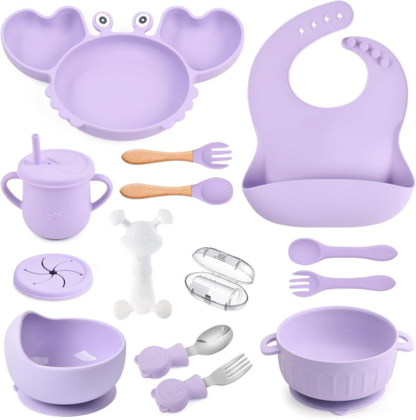 mraisebossup Silicone Baby Feeding Set 15 PcsBaby Spoons Suction Bowl Divided Plate Bib
