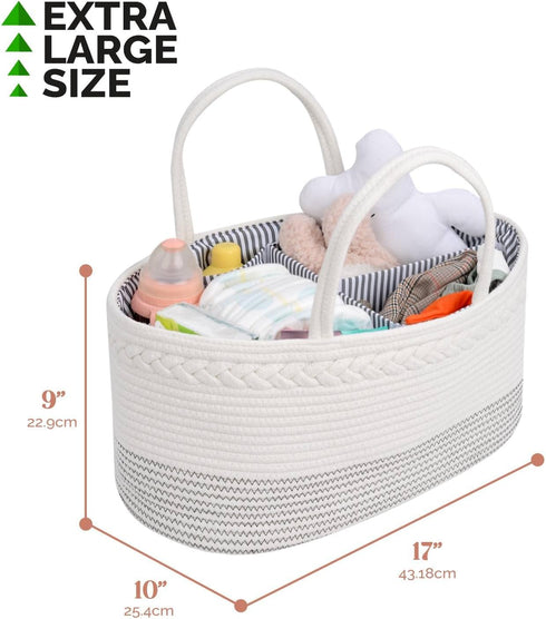 Luxury Little Diaper Caddy Organizer, Extra Large Cotton Rope Nursery Basket for Baby Diaper Storage, Portable Car