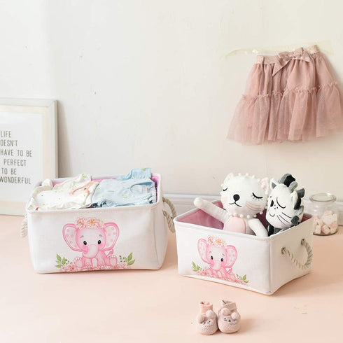 INough Pink Basket Elephant Storage Bins for Kids, Collapsible Storage Basket for Toys and Clothes, Medium