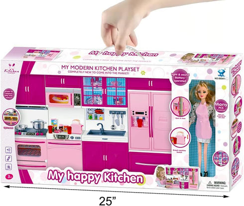 Doll Kitchen Playset for Kids - My Modern Mini Kitchen House with Realistic Lights & Sounds (4-in-1)