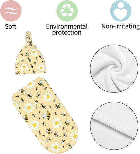 Lcokin Set Cute Bee Baby Stuff Swaddle Blanket with Beanie Hat for Boys and Girls, Soft Daisy Newborn Swaddle Wrap