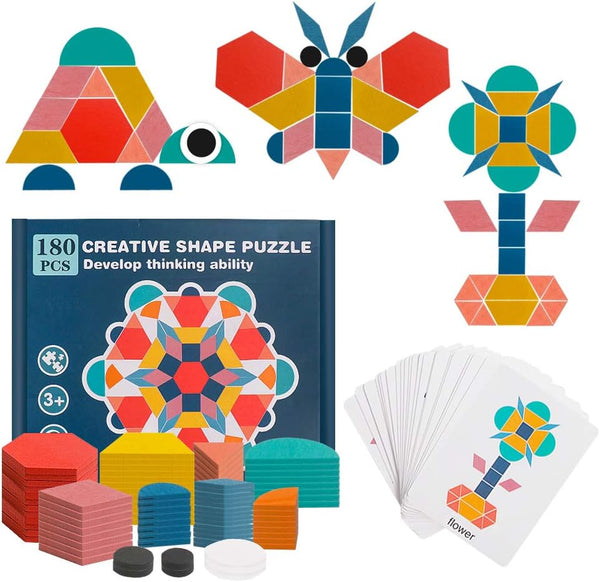 USATDD 180 Pcs Wooden Tangrams Pattern Blocks Set, Classic Educational Montessori Toys for Kids with 24 Pcs Flash Cards
