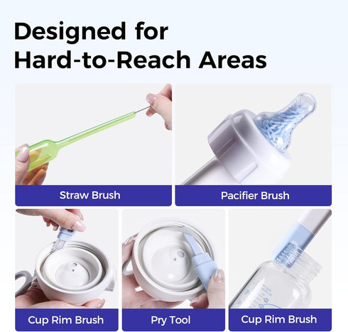 Set, 9-in-1 Bottle Brush Bottle Cleaner Kit, Includes Bent Neck Bottle Brush, Nipple Cleaning Brush, Straw Brush, Soap
