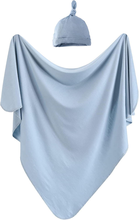 iEvolve Cotton Knitted Baby Swaddle Blanket - Newborn Wrap with Hat Headband Set, 35" x 35" (Light Blue)