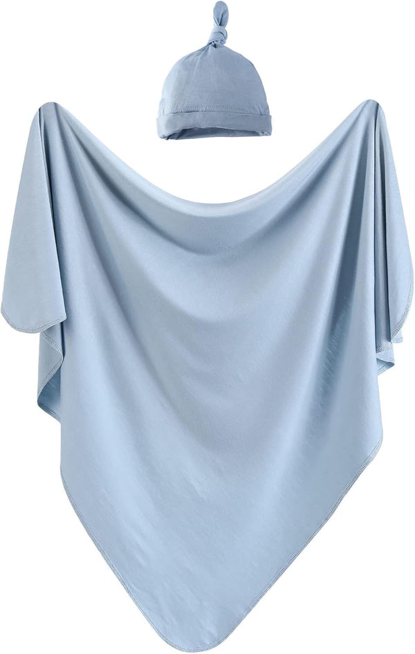 iEvolve Cotton Knitted Baby Swaddle Blanket - Newborn Wrap with Hat Headband Set, 35" x 35" (Light Blue)