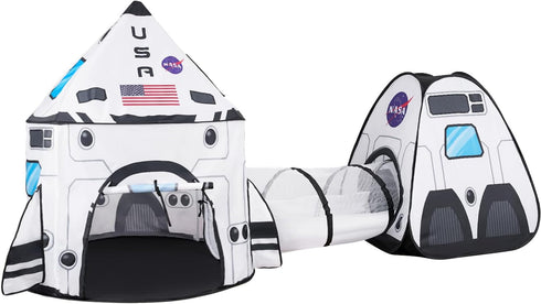 JOYIN White Rocket Ship Pop Up Play Tent - Kids Indoor Outdoor Spaceship Tent Set with Tunnel and Playhouse