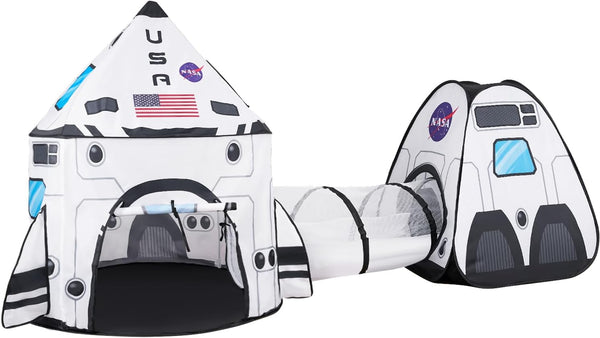 JOYIN White Rocket Ship Pop Up Play Tent - Kids Indoor Outdoor Spaceship Tent Set with Tunnel and Playhouse