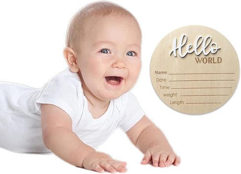 LZEDIRA 5.9 Inch Baby Announcement Sign, Wooden Hello World Newborn Welcome Sign, Birth Announcement Sign for Hospital