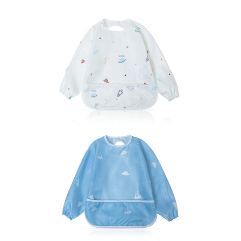 Little Dimsum Mess-Proof Baby Bibs - Long Sleeve Waterproof Feeding Art Smock, Pack of 2 Colors