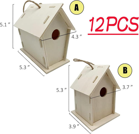FBIRDY 12pcs DIY Unfinished Wooden Birdhouses: Wooden Bird House for Crafts and Arts Paint to Build (12pcs)