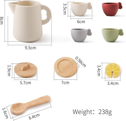 Set Enchanting Wooden Tea Party - Silicone Teapot, Cups & Carrying Scoop - Perfect for Little Girls' Tea Party