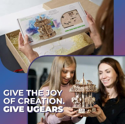 UGEARS Carousel Wooden Mechanical 3D Model, Self-Assembling Craft DIY Kit for Adults and Teens