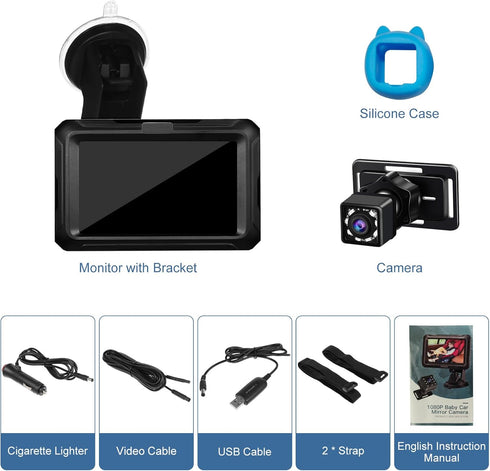Xixian 4.3 360 4.3 inches Baby Car Camera Monitor Rear Facing Backseat Night Vision Rotation Wide View Angle USB Plug