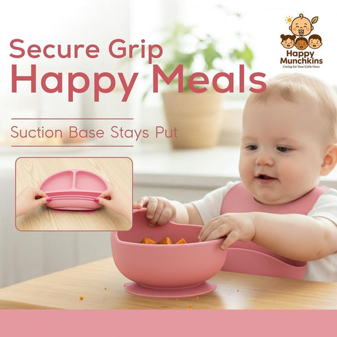 Happy Munchkins Set 9 Essentials-6+ Silicone Baby Feeding | PCS Baby Led Weaning Supplies Feeding Utensils | Divided