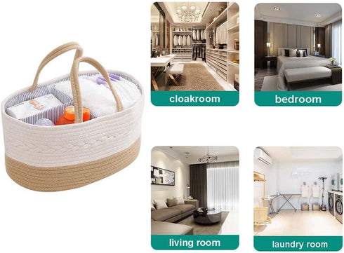 Diaper Caddy Organizer, Large Cotton Rope Nursery Basket, Changing Table Baby Diaper Storage Portable Car Organizer