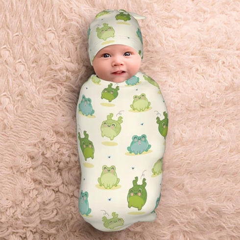 Cartoon Frog Newborn Swaddling Blanket and Beanie Hat Set, Soft Baby Receiving Blanket, Funny Animal Sleeping Bag